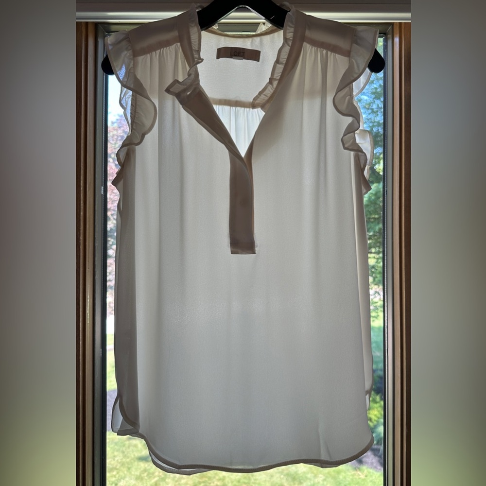 Ann Taylor LOFT sleeveless white blouse, frilly accents